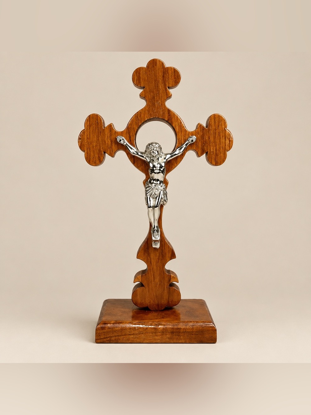 Silver tone Hard Plastic Crucifix On Budded End Dark Wood Cross